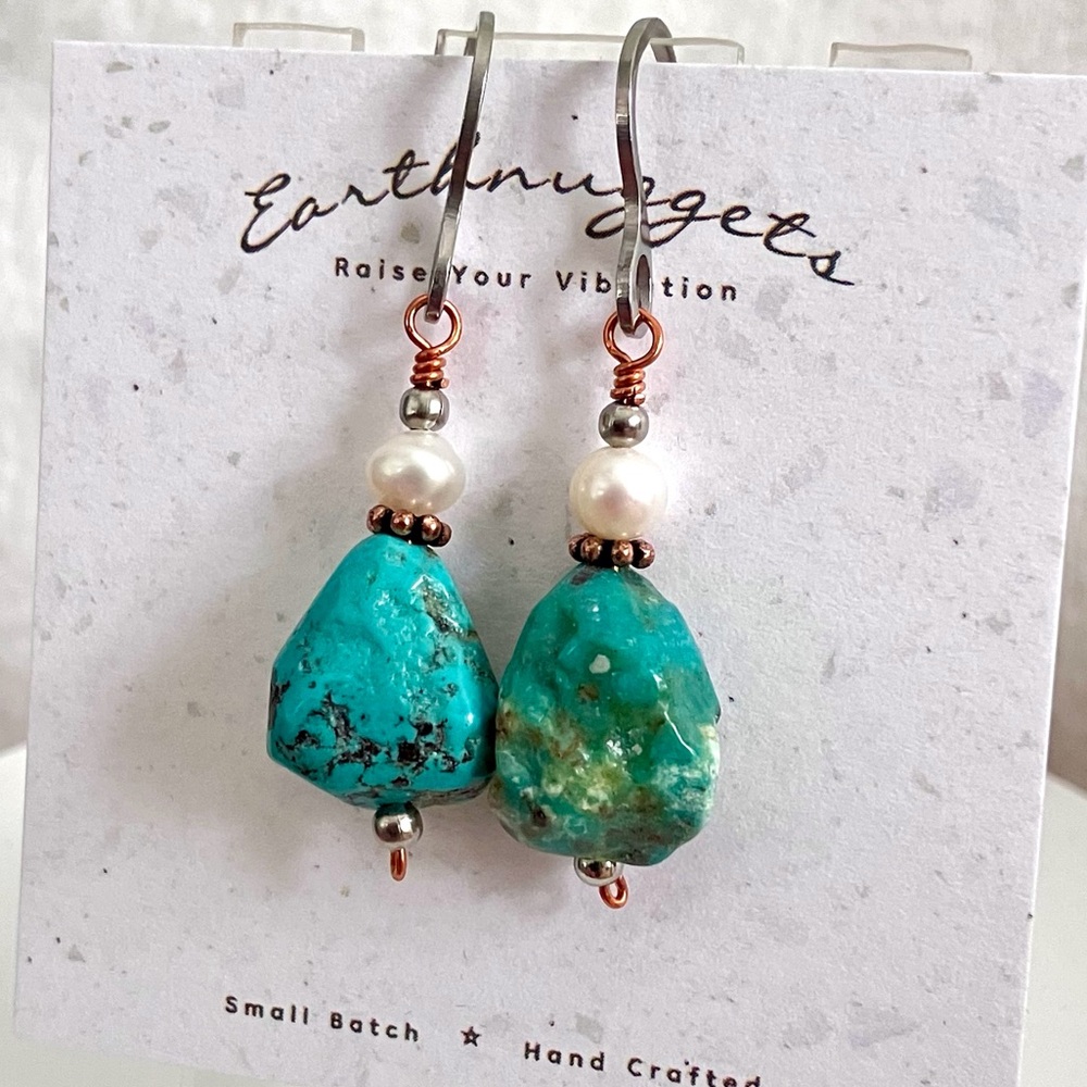 Hand Crafted Turquoise and Pearl Earrings Mixed Metal Organic Everyday Earrings
